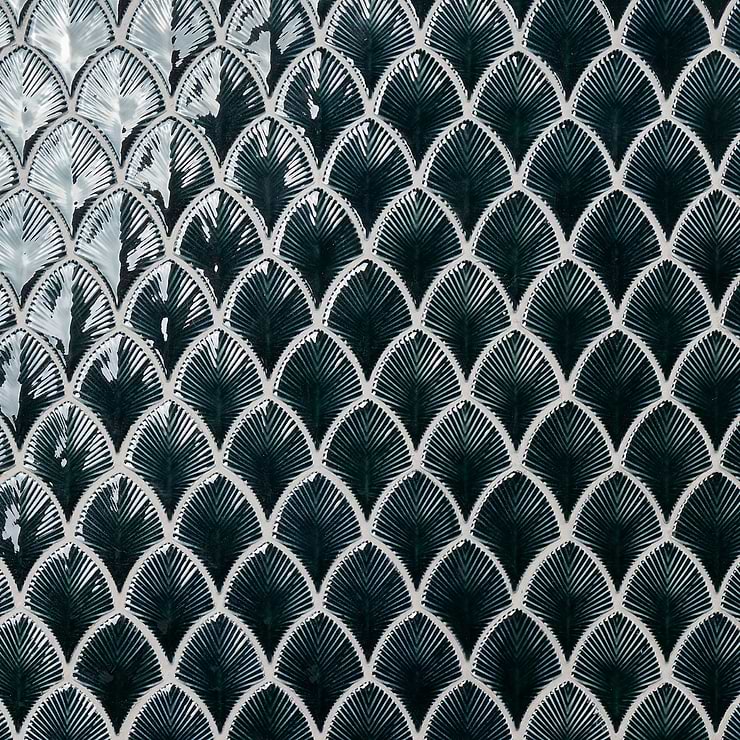 Nabi Fishscale Midnight Blue Green 3x4" Crackled Glossy Glass Mosaic Tile