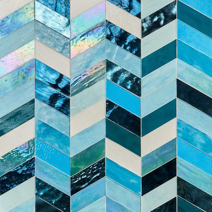 Elizabeth Sutton Meta Tulum Turquoise Blue 2x5 Chevron Glossy Glass Mosaic Tile