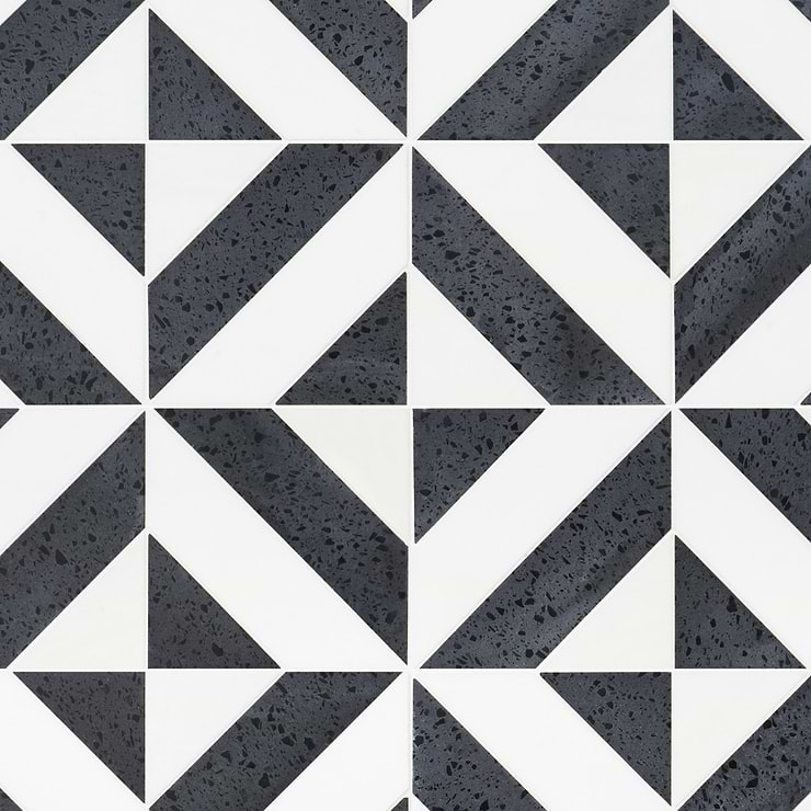 Cleopatra Diagonal Pepper Black Terrazzo and Bianco White Marble Polished Mosaic Tile