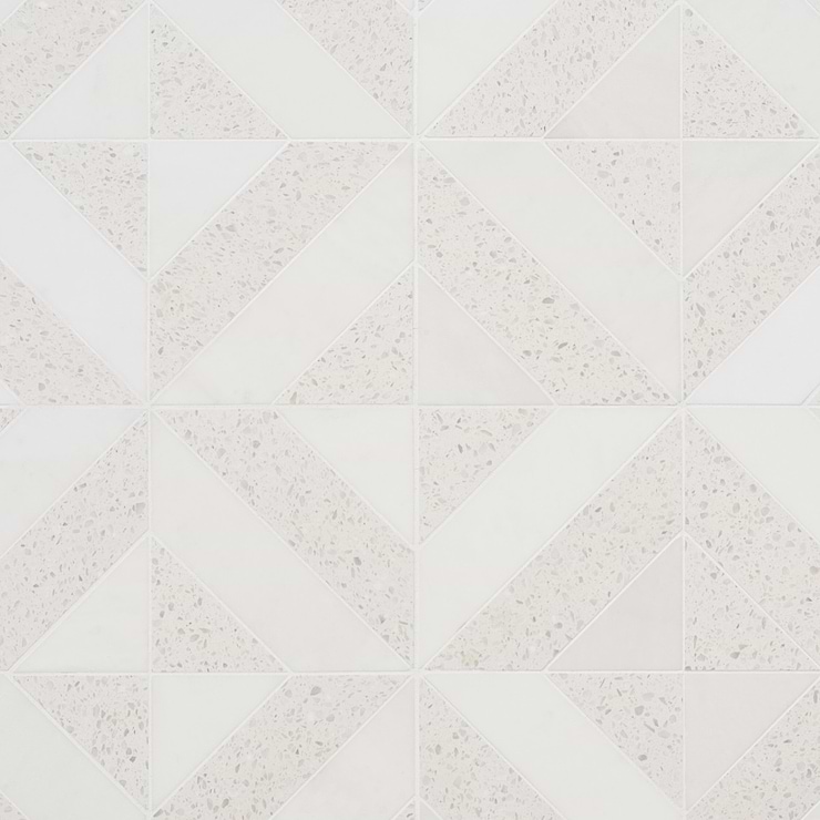 Cleopatra Diagonal Salt White Terrazzo and Bianco White Marble Polished Mosaic Tile