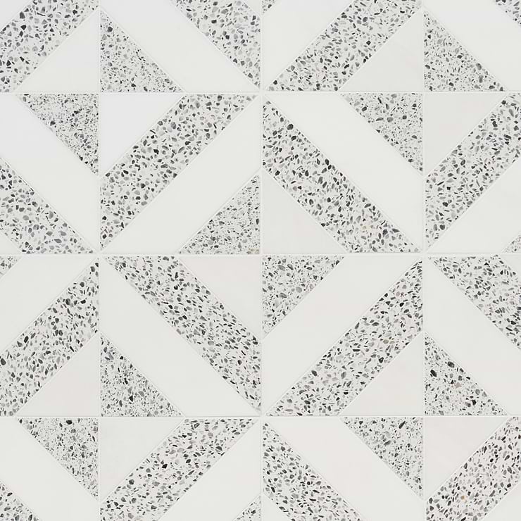 Cleopatra Diagonal Truffle White Terrazzo and Bianco White Marble Polished Mosaic Tile
