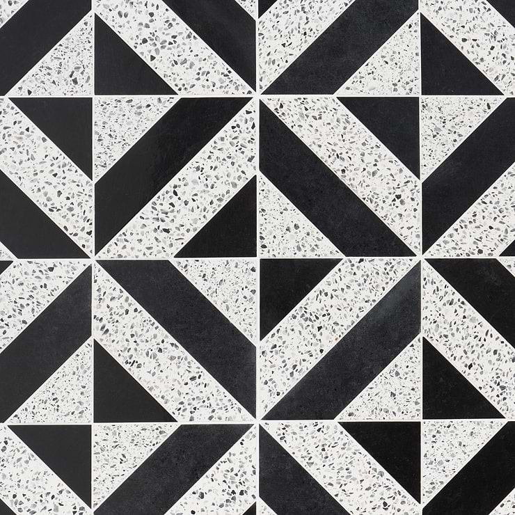 Cleopatra Diagonal Truffle White Terrazzo and Nero Marquina Black Marble Polished Mosaic Tile