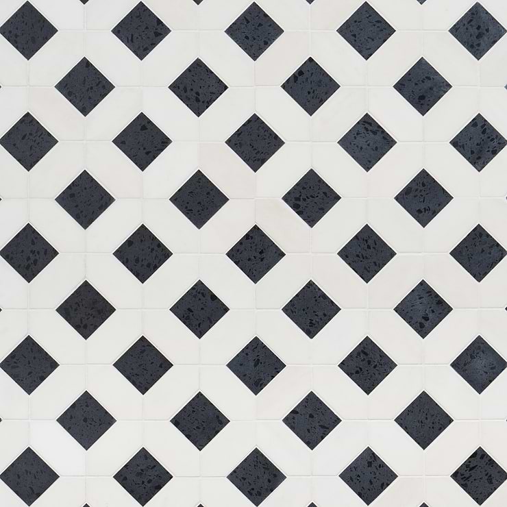 Cleopatra Diamond Pepper Black Terrazzo and Bianco White Marble Polished Mosaic Tile
