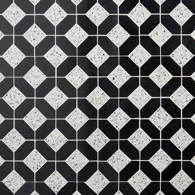Cleopatra Diamond Truffle White Terrazzo and Nero Marquina Black Marble Polished Mosaic Tile