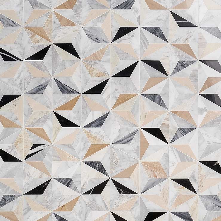 Phantasm Harvest Cream and Gray Polished Mixed Marble Mosaic Tile