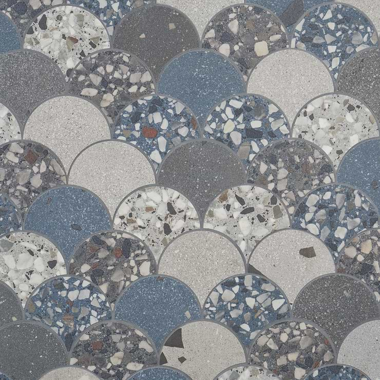 Kobe Fishscale Cool Blue Mix 4" Terrazzo Look Matte Porcelain Mosaic Tile