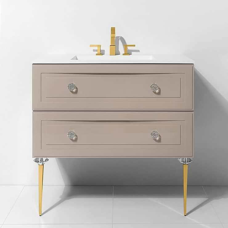 Alma Crema Beige 42" Vanity with Gold  and Lucite Legs and Hardware