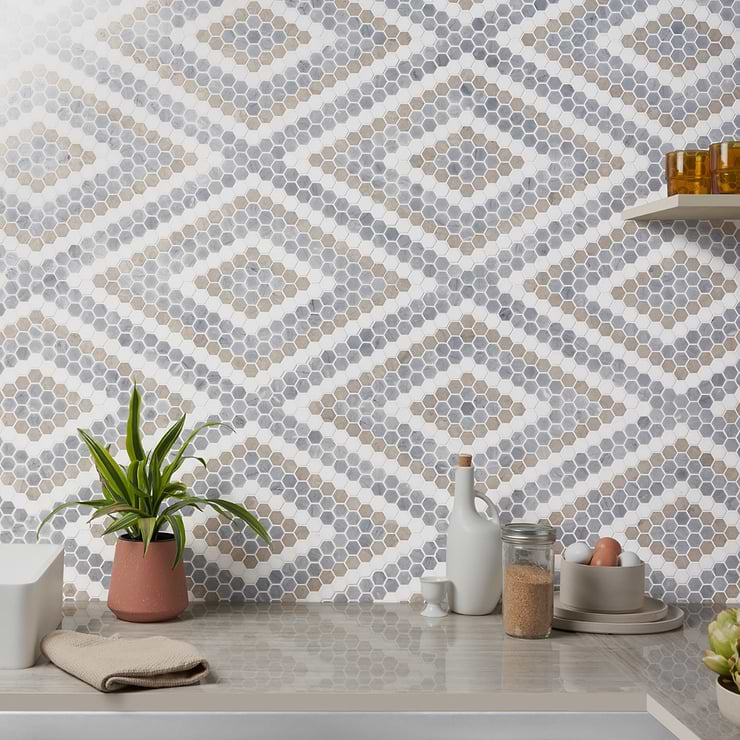 Juno Diamond Beige and Gray 1" Hexagon Polished Marble Mosaic Tile