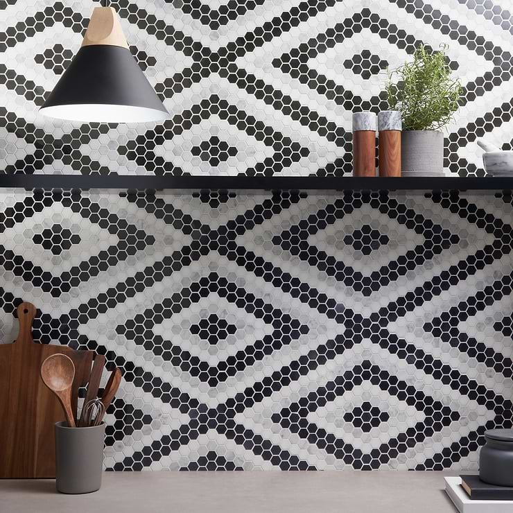 Juno Diamond Black and White 1" Hexagon Polished Marble Mosaic Tile