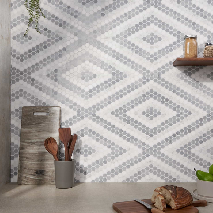 Juno Diamond Gray and White 1" Hexagon Polished Marble Mosaic Tile