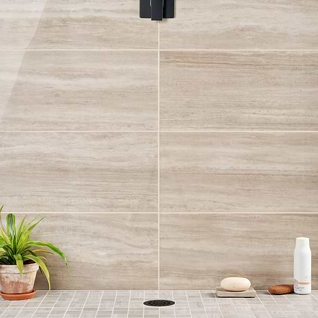 Nashville Taupe Beige 12x24 Travertine Look Polished Porcelain Tile