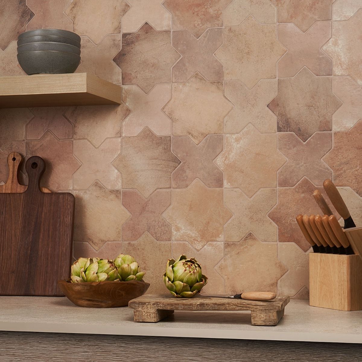 Parma Cotto Brown Matte Star and Cotto Brown Matte Cross 6" Terracotta Look Porcelain Tile
