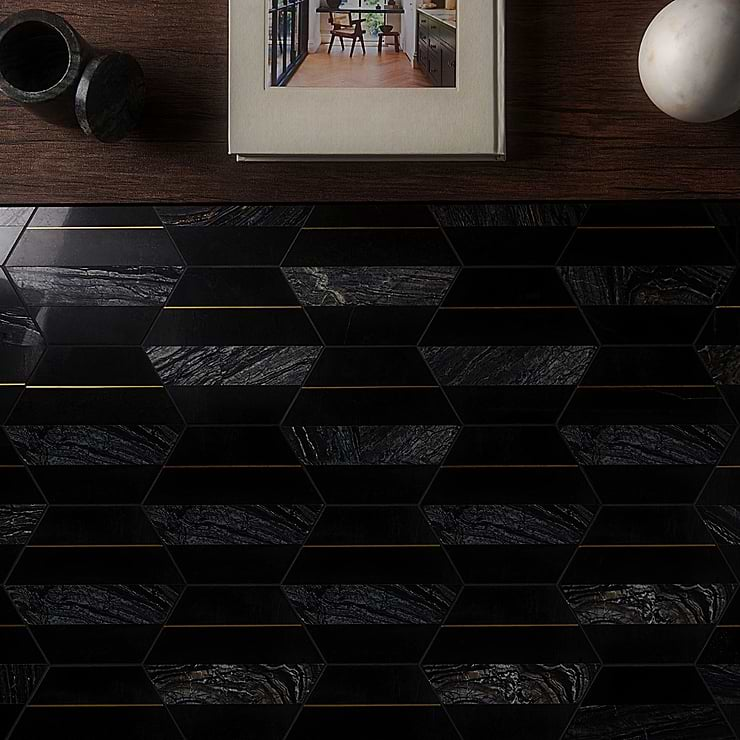 Margo Black and Gold 9" Hexagon Polished Nero Marquina Marble and Brass Mosaic Tile