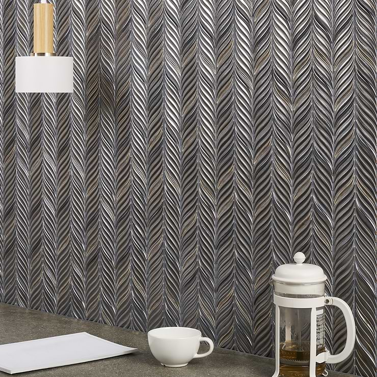 Nabi Alula Metallic Gunmetal Gray Chevron Matte Glass Mosaic Tile