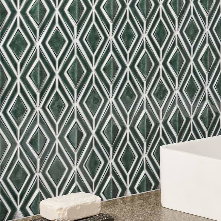 Nabi Jewel Deep Emerald Green 3D Crackled Glossy Glass Mosaic Tile