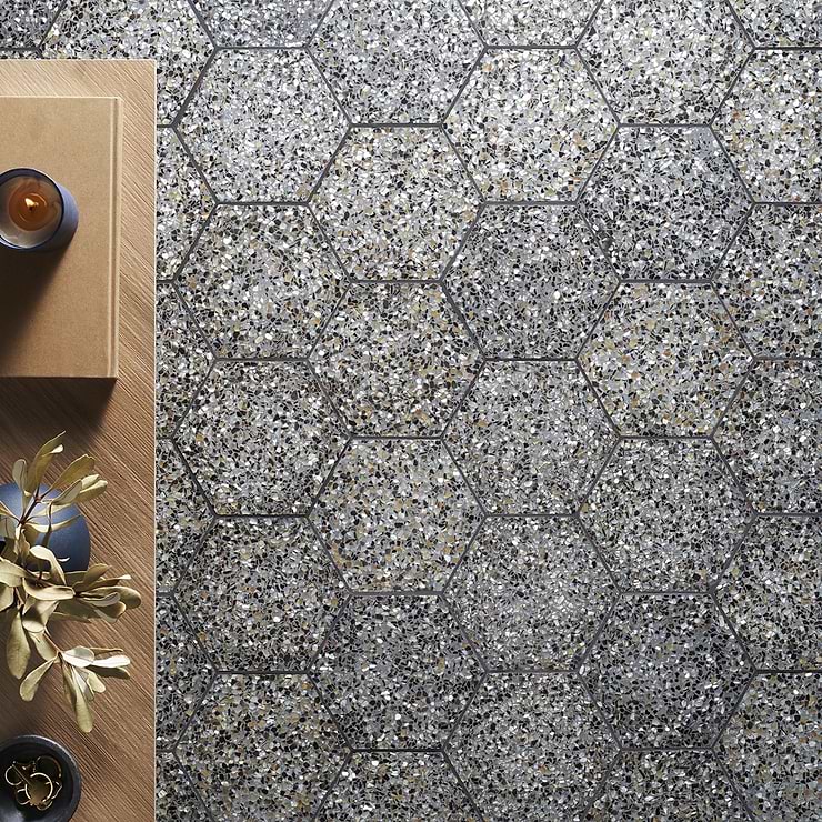 Reef Gray 8" Hexagon Polished Pearl Terrazzo Tile
