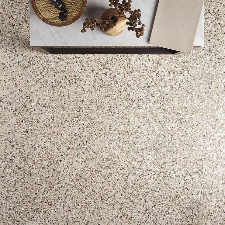 Reef Cream 8" Hexagon Polished Pearl Terrazzo Tile