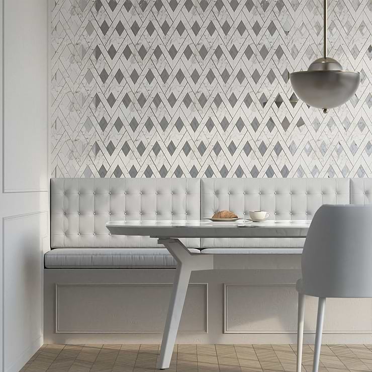 Zeta Mirror Silver Polished Marble- Antique Mirror and Brass Waterjet Mosaic Tile