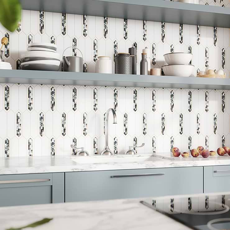 Zeus White Calacatta 2x8 Picket Polished Marble and Brass Waterjet Mosaic Tile