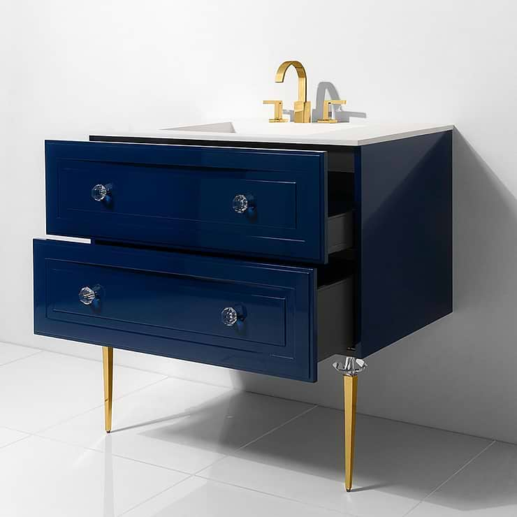 Alma Blue 30" Vanity with Gold  and Lucite Legs and Hardware