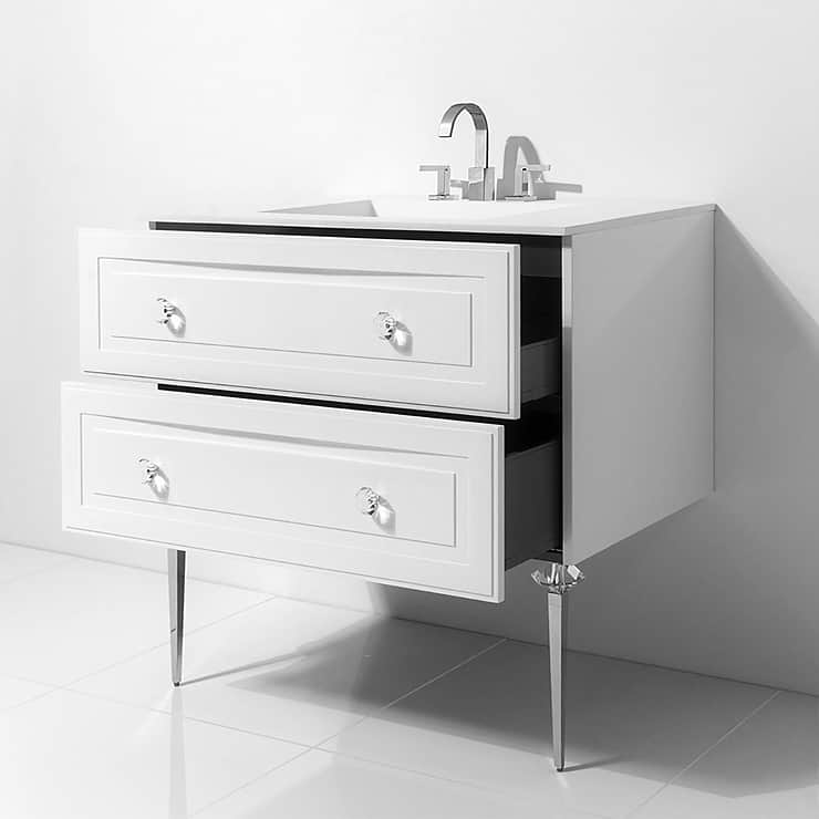 Alma Bianca White 36" Vanity with Chrome and Lucite Legs and Hardware