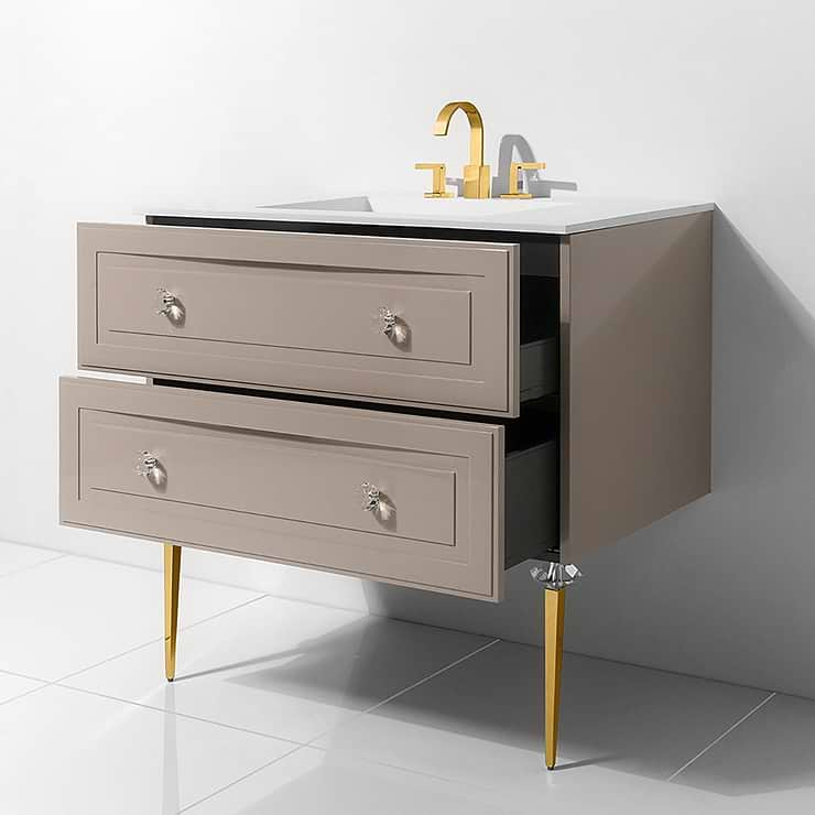 Alma Crema Beige 42" Vanity with Gold  and Lucite Legs and Hardware