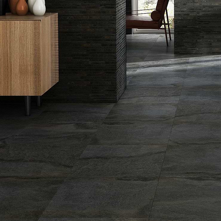 Acadia Charcoal Black 24x24 Limestone Look Matte Porcelain Tile