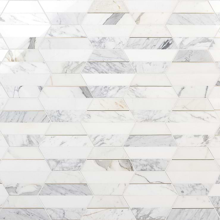 Margo White and Gold 9" Hexagon Polished Calacatta Marble and Brass Mosaic Tile