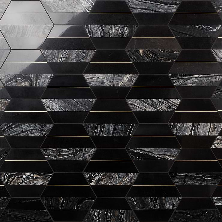 Margo Black and Gold 9" Hexagon Polished Nero Marquina Marble and Brass Mosaic Tile