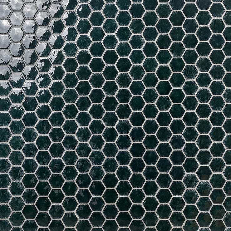 Nabi Hexagon Midnight Blue Green 3" Crackled Glossy Glass Mosaic Tile