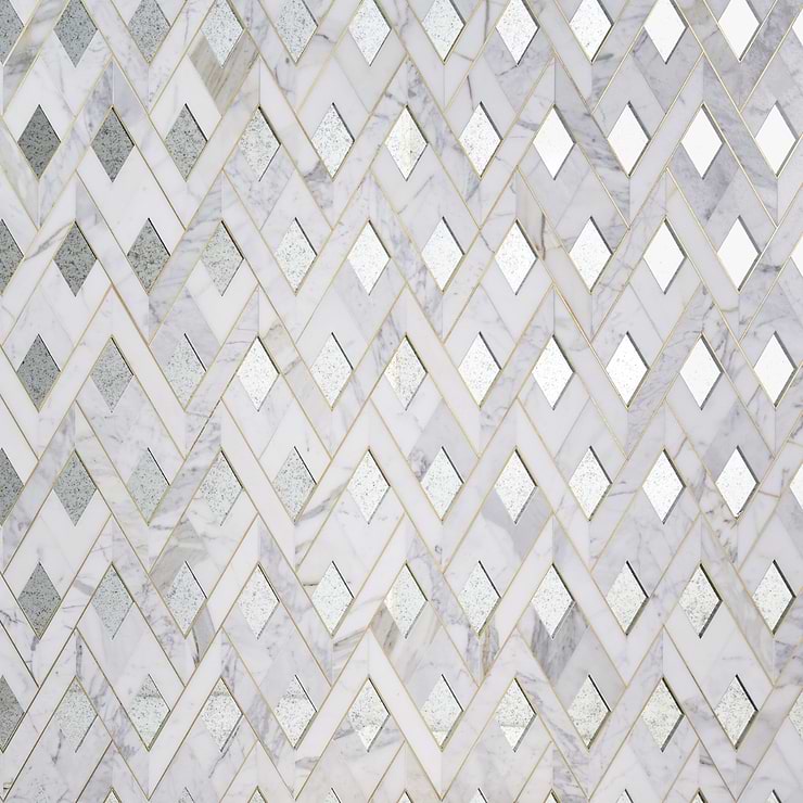Zeta Mirror Silver Polished Marble- Antique Mirror and Brass Waterjet Mosaic Tile