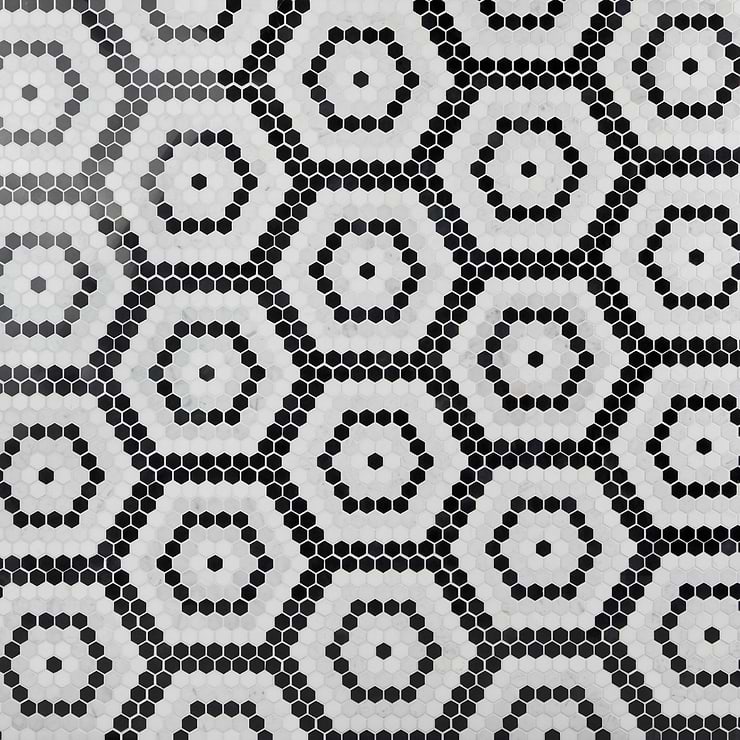 Juno Honeycomb Black and White 1" Hexagon Polished Marble Mosaic Tile
