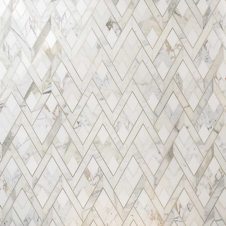 Zeta Bianco White Polished Marble and Brass Waterjet Mosaic Tile