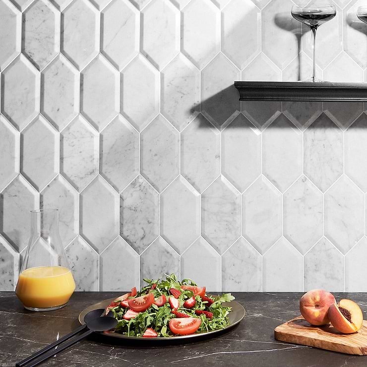 Carrara Beveled 8x4 Hexagon Polished Marble Tile