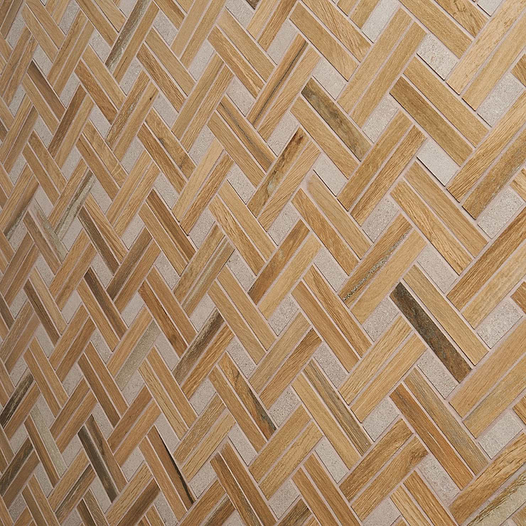 Eternal Basketweave Herringbone Birch Matte Porcelain Wood Look Mosaic Tile