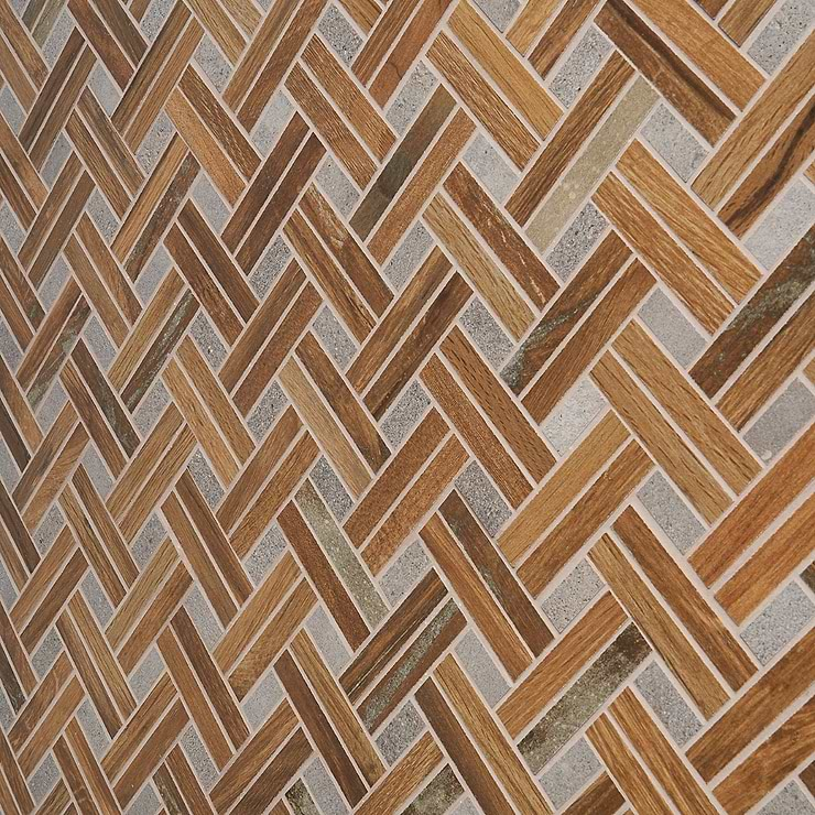 Eternal Basketweave Herringbone Oak Matte Porcelain Wood Look Mosaic Tile