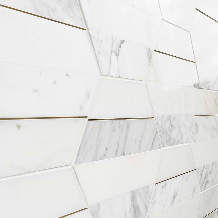 Margo White and Gold 9" Hexagon Polished Calacatta Marble and Brass Mosaic Tile