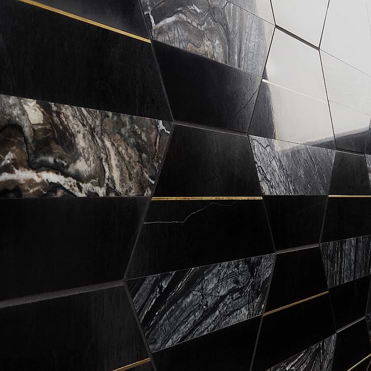 Margo Black and Gold 9" Hexagon Polished Nero Marquina Marble and Brass Mosaic Tile