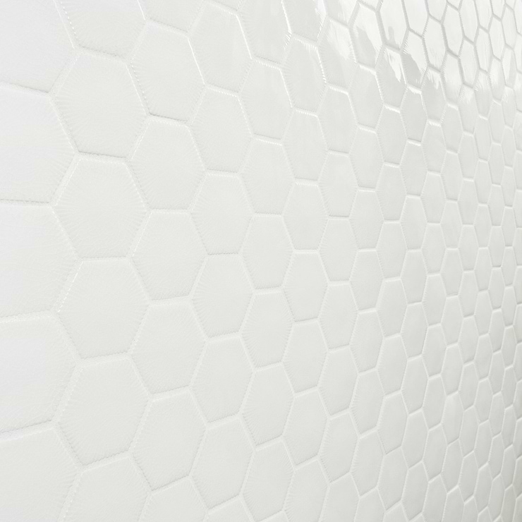 Nabi Hexagon Glacier White 3" Crackled Glossy Glass Mosaic Tile
