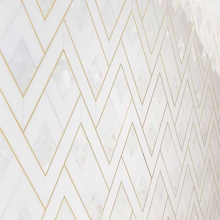 Zeta Pearl White Polished Marble- Pearl and Brass Waterjet Mosaic Tile