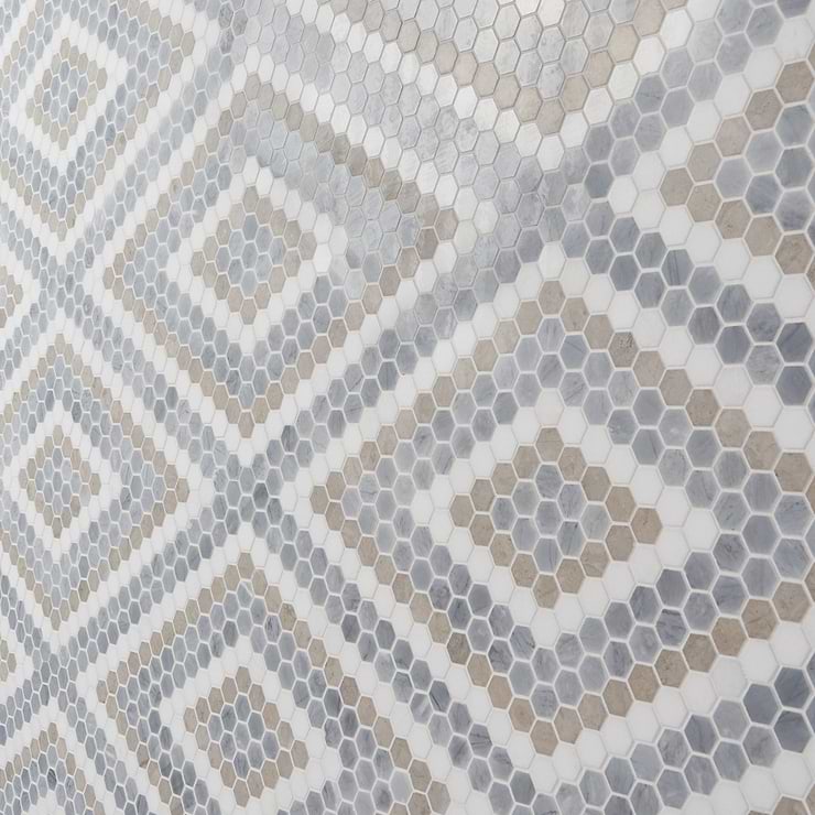 Juno Diamond Beige and Gray 1" Hexagon Polished Marble Mosaic Tile