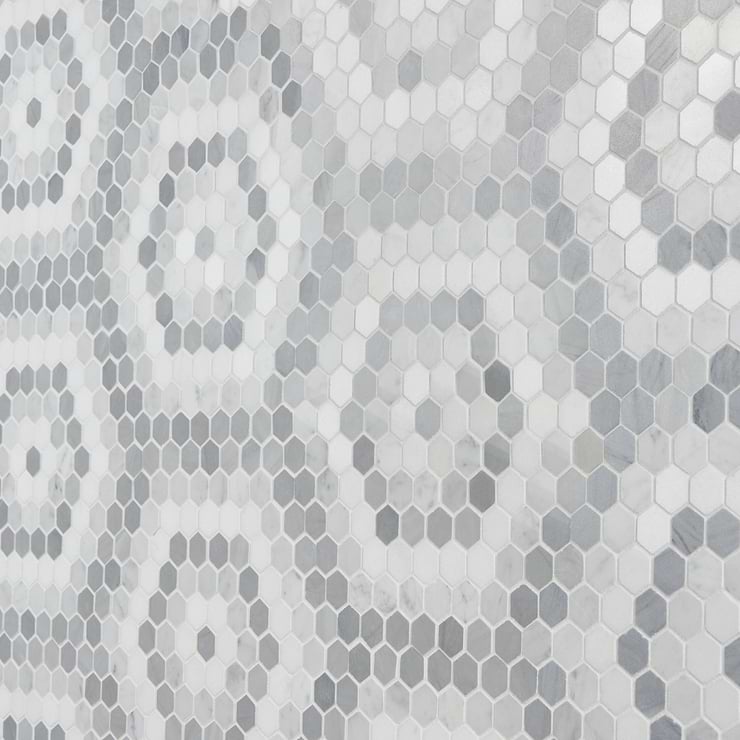 Juno Honeycomb Gray and White 1" Hexagon Polished Marble Mosaic Tile