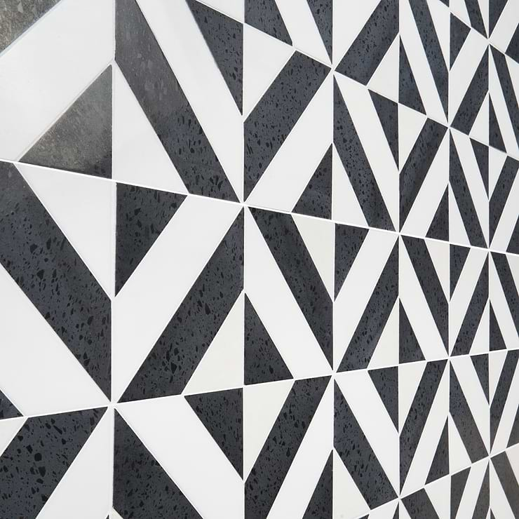 Cleopatra Diagonal Pepper Black Terrazzo and Bianco White Marble Polished Mosaic Tile