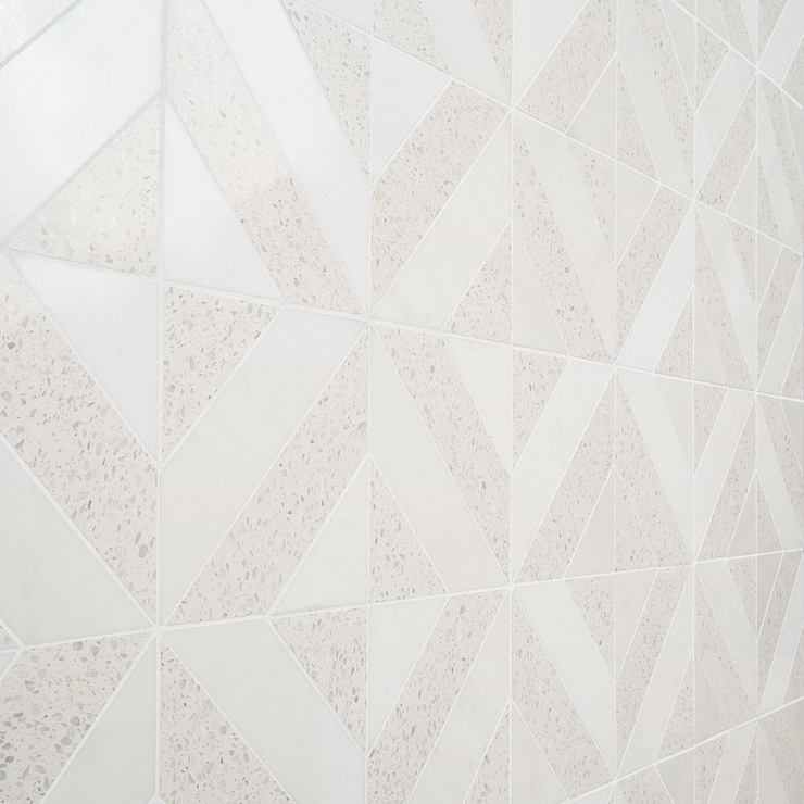Cleopatra Diagonal Salt White Terrazzo and Bianco White Marble Polished Mosaic Tile