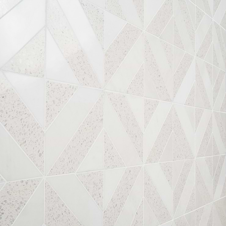 Cleopatra Diagonal Salt White Terrazzo and Bianco White Marble Polished Mosaic Tile