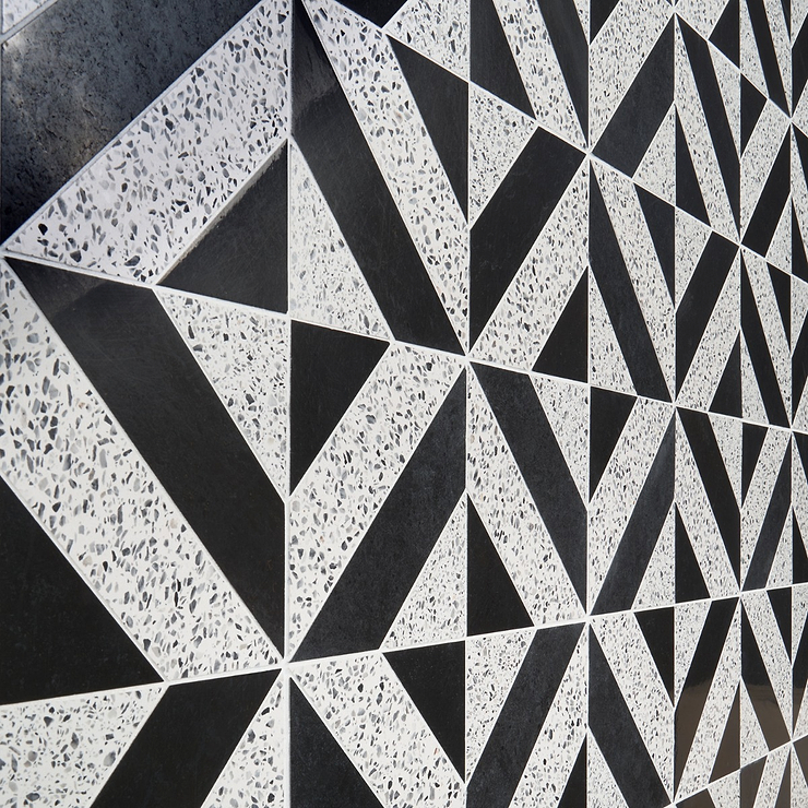 Cleopatra Diagonal Truffle White Terrazzo and Nero Marquina Black Marble Polished Mosaic Tile