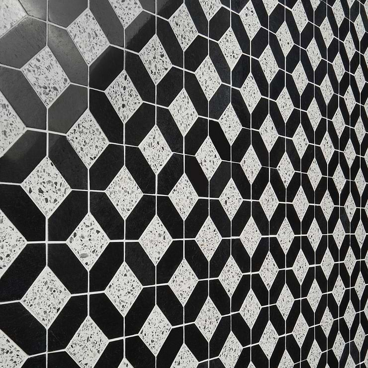 Cleopatra Diamond Truffle White Terrazzo and Nero Marquina Black Marble Polished Mosaic Tile