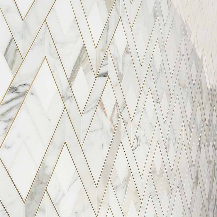 Zeta Bianco White Polished Marble and Brass Waterjet Mosaic Tile