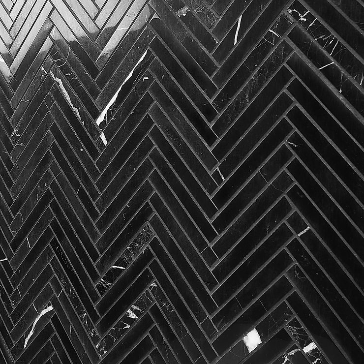 Nero Marquina 1/2"x4" Herringbone Polished Marble Mosaic Tile