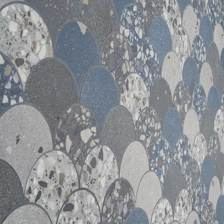 Kobe Fishscale Cool Blue Mix 4" Terrazzo Look Matte Porcelain Mosaic Tile